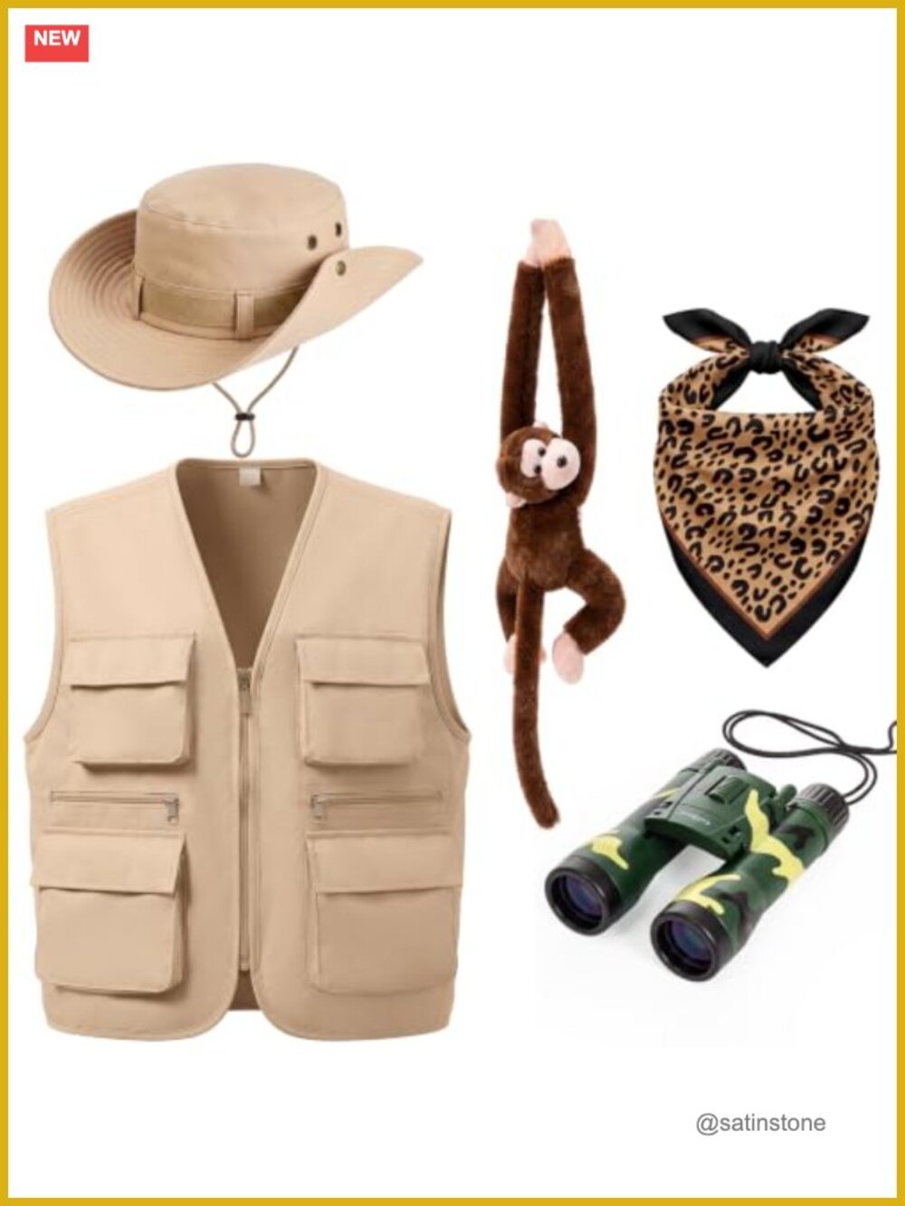 Safari Costume 5 Pc Set Utility Vest Sun Hat Scarf Halloween Cosplay Outfit